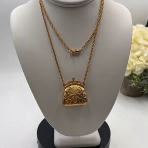 Vintage Gold Tone Bag Purse Long Pendant Necklace